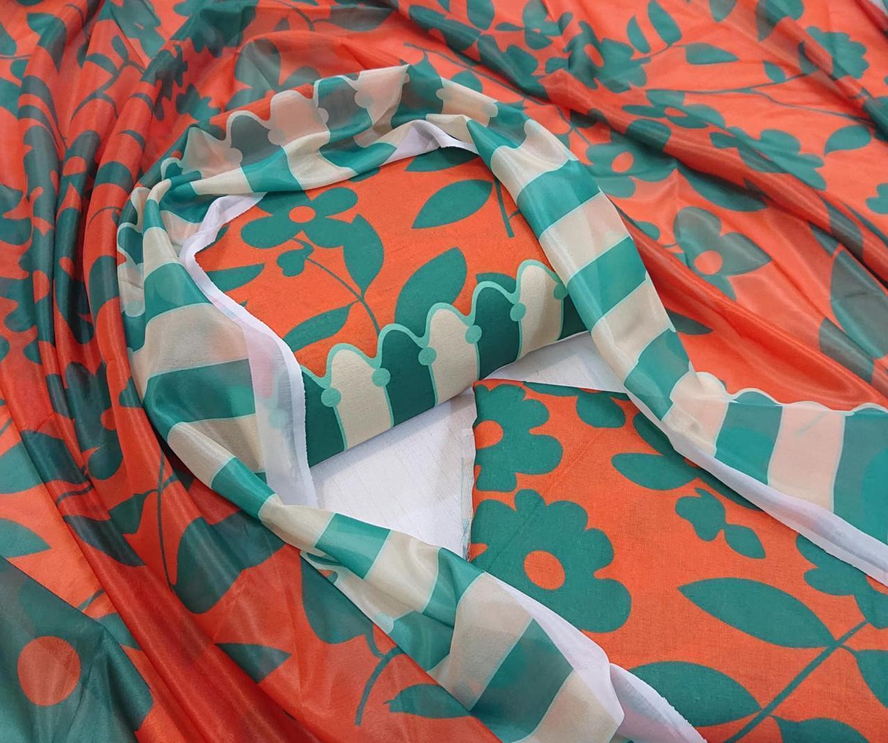 Vibrant Orange & Teal Printed Organza Suit Set with Bold Modern Motifs