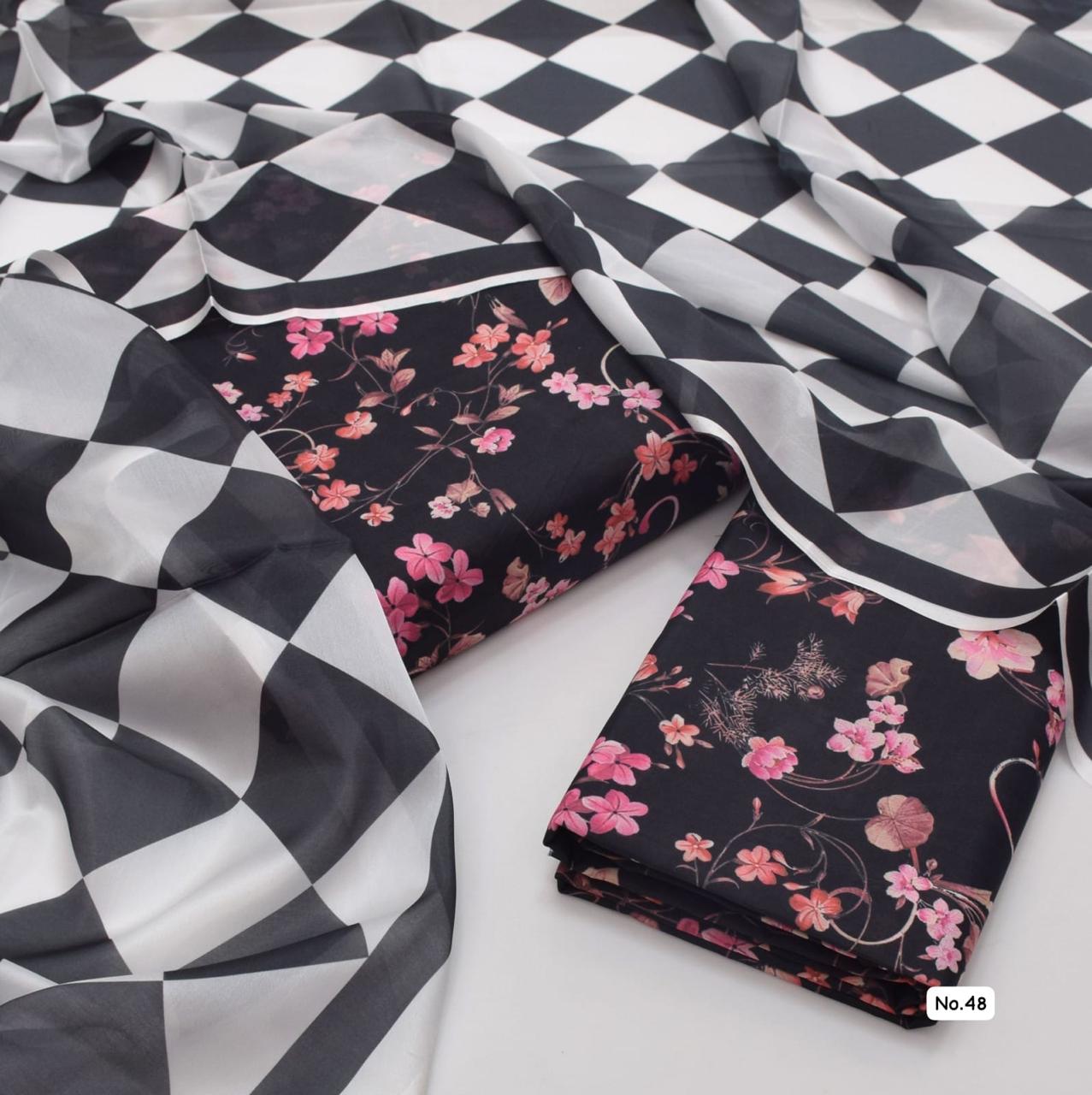 Elegant Black Floral Cotton Suit with Bold Geometric Dupatta