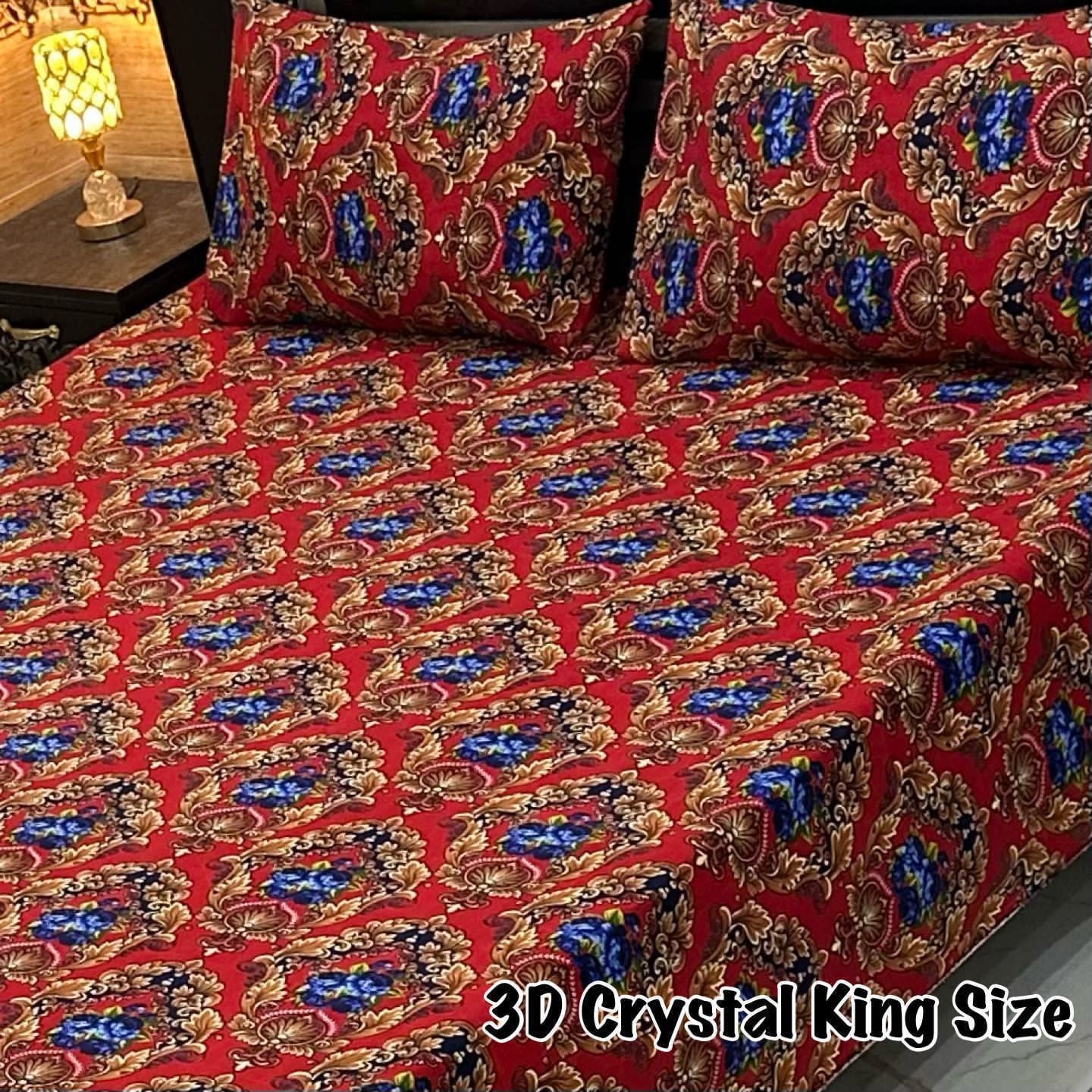 3D Crystal King Size Floral Cotton Bed Sheet Set – Vibrant Red & Blue Design
