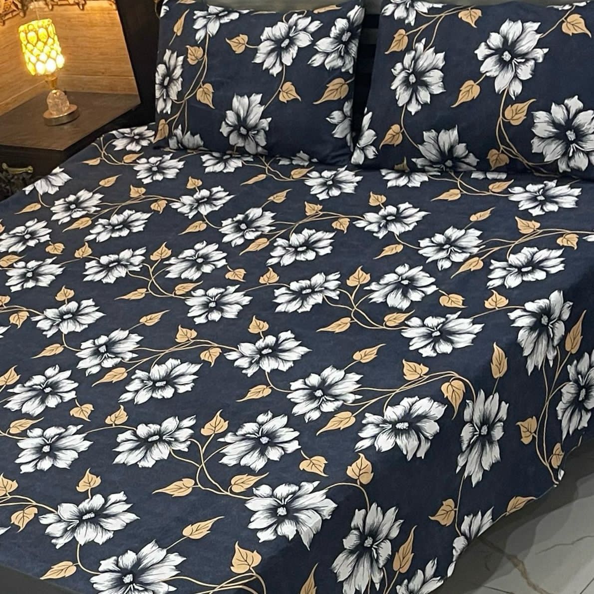 Elegant Floral King Size Cotton Bed Sheet Set – Dark Blue with White & Beige Flowers