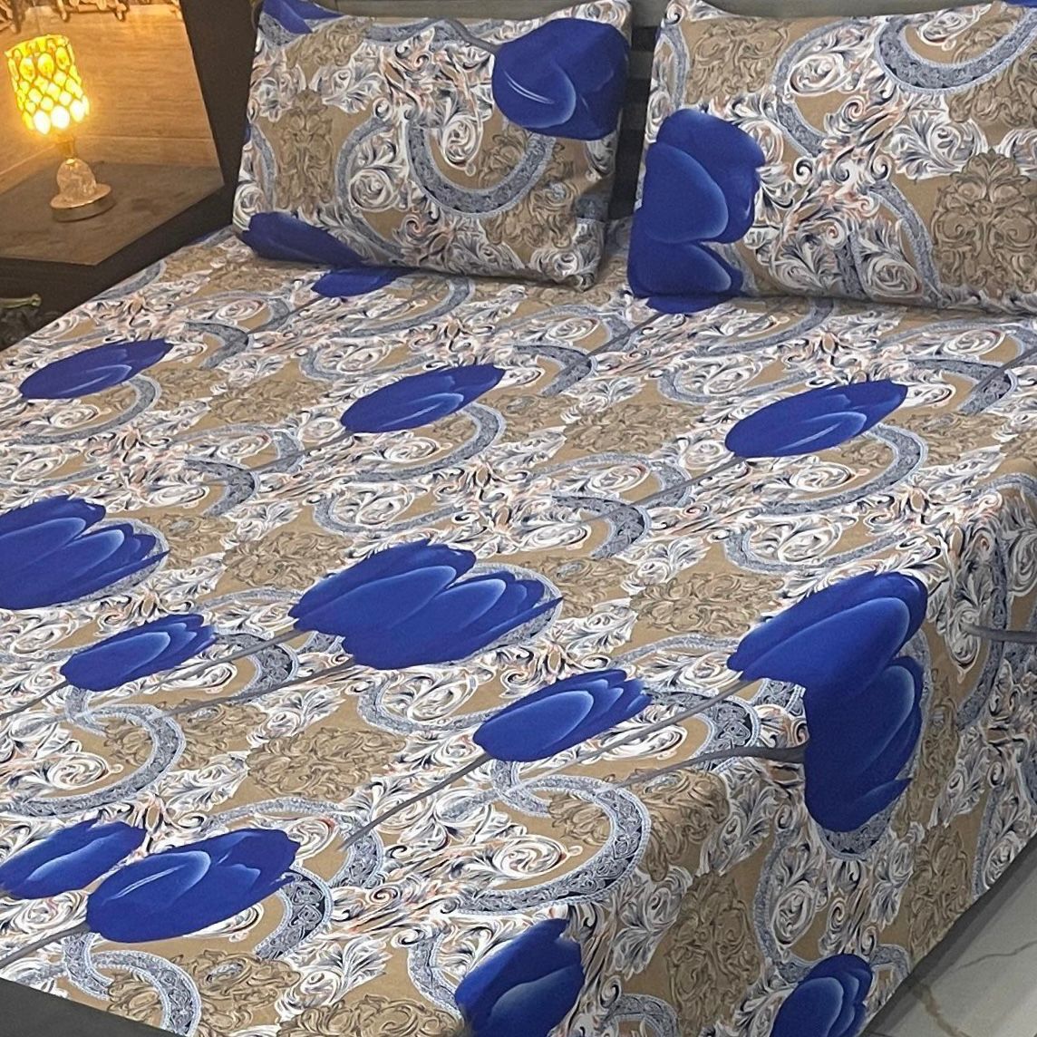 Soft Crystal Cotton Bed Sheets - Royal Blue Floral King Size