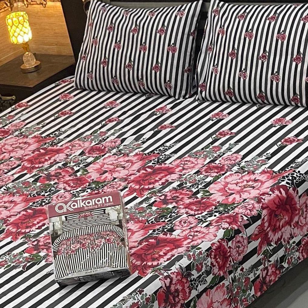 Bold Blossom – Black & White Striped Cotton Bedsheet with Rosy Floral Touch