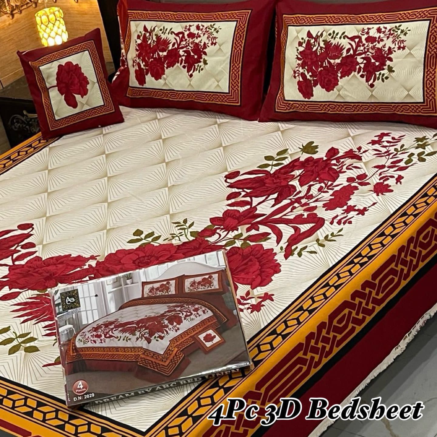 Ivory Rouge Elegance – 4-Piece 3D Bed Sheet Set