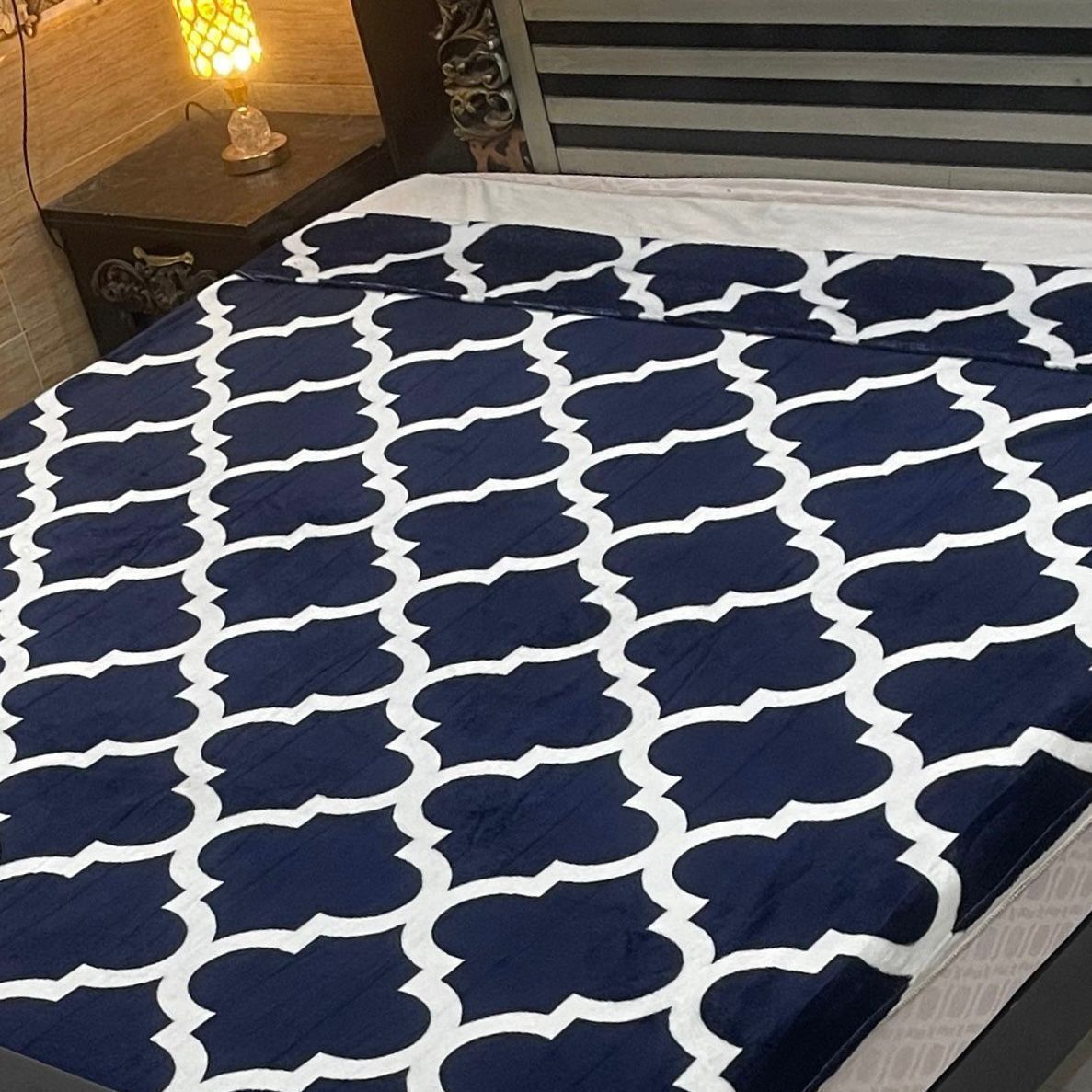 Navy Blue Moroccan Pattern AC Blanket – Soft Fleece Double Bed Size