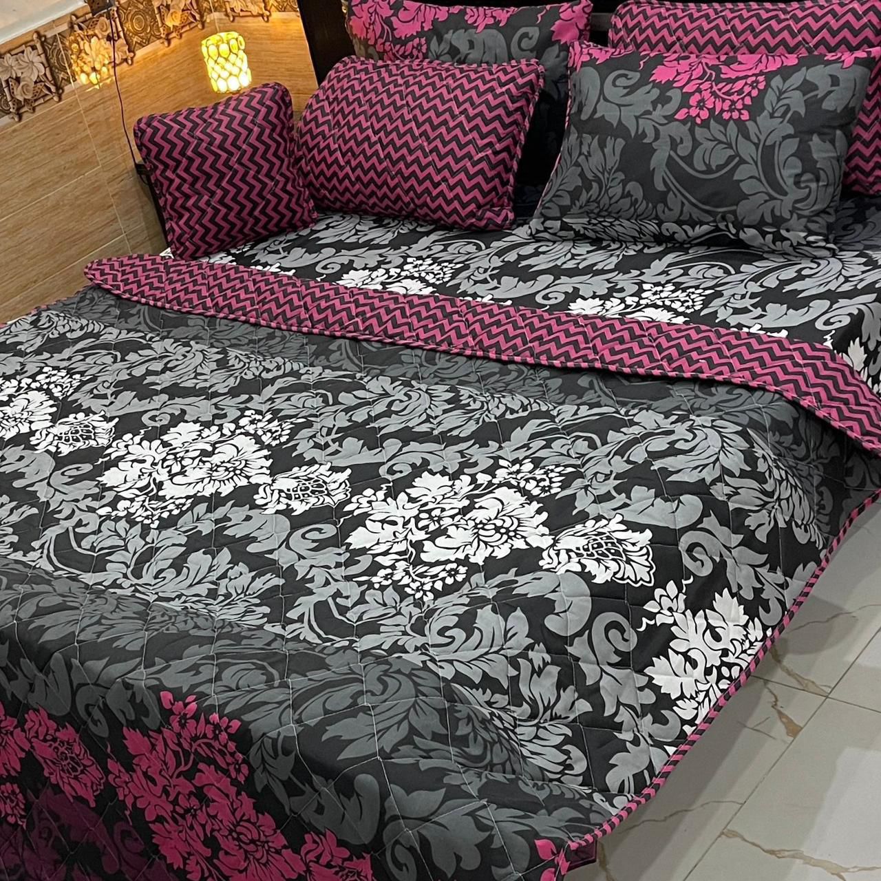 Baroque Black & Pink Floral Bedding – 7PC Summer Comforter Set