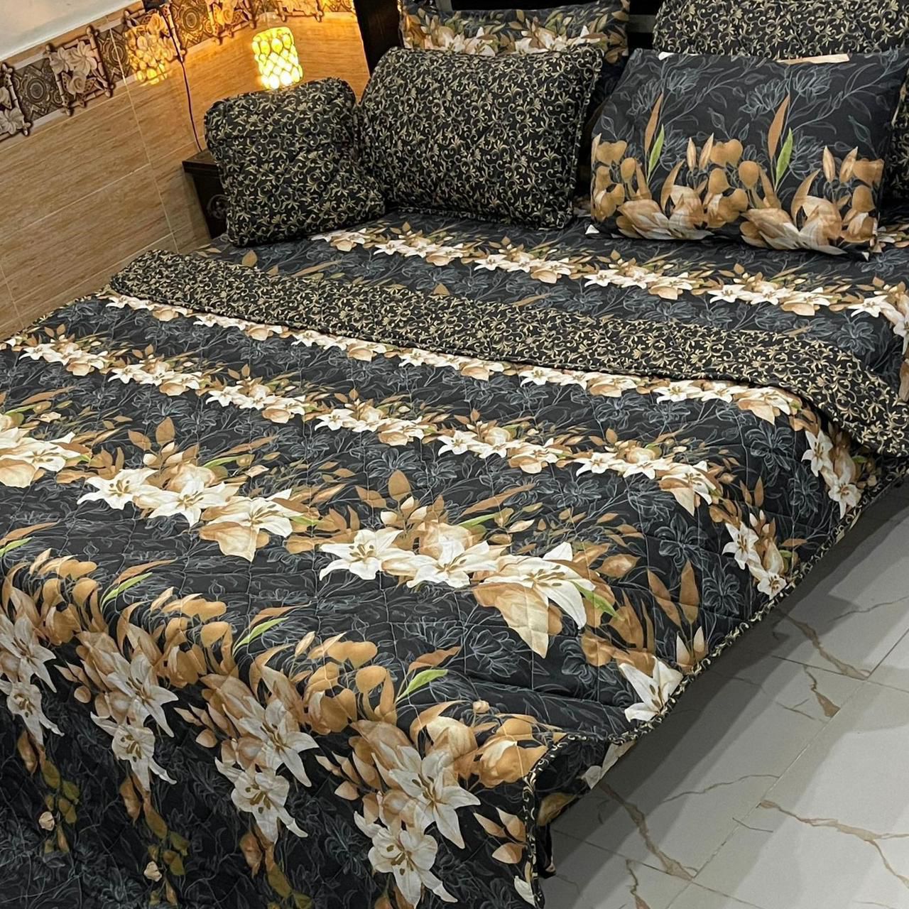 Elegant Black & Gold Floral Bedding - 7PC Summer Comforter Set
