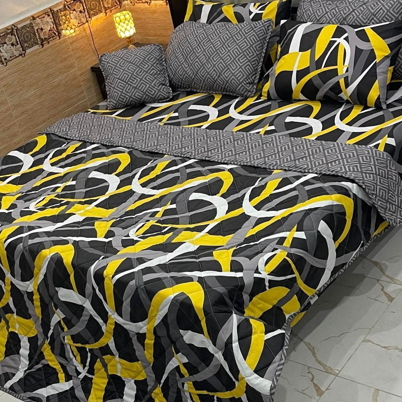 Contemporary Yellow, Grey & Black Abstract Bedding - 7PC Summer Comforter Set