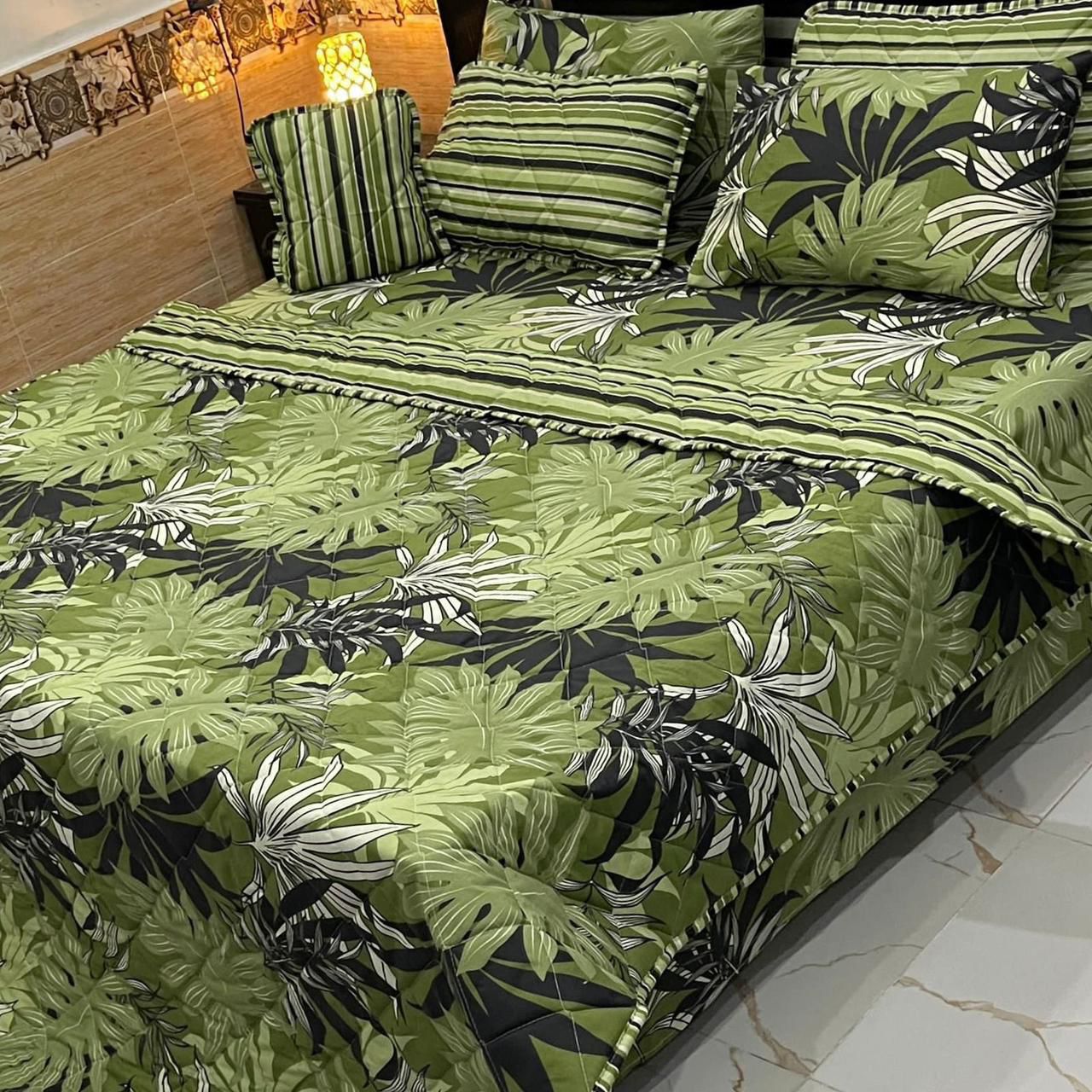 Tropical Green Leaf Print King Size Comforter Set - 7PC Summer Comforter Set