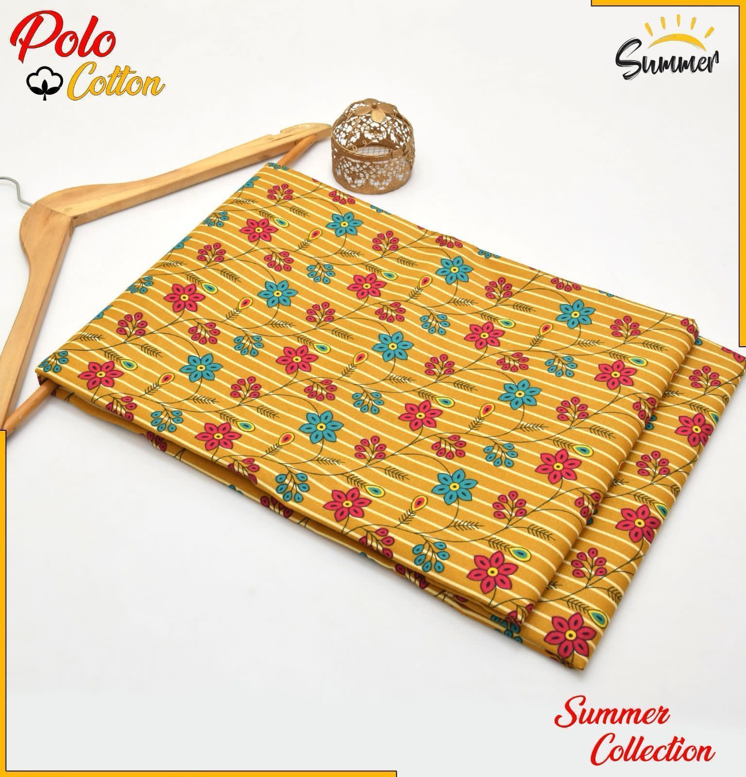 Golden Yellow Striped Floral 2PC Printed Women Unstitched – Polo Cotton