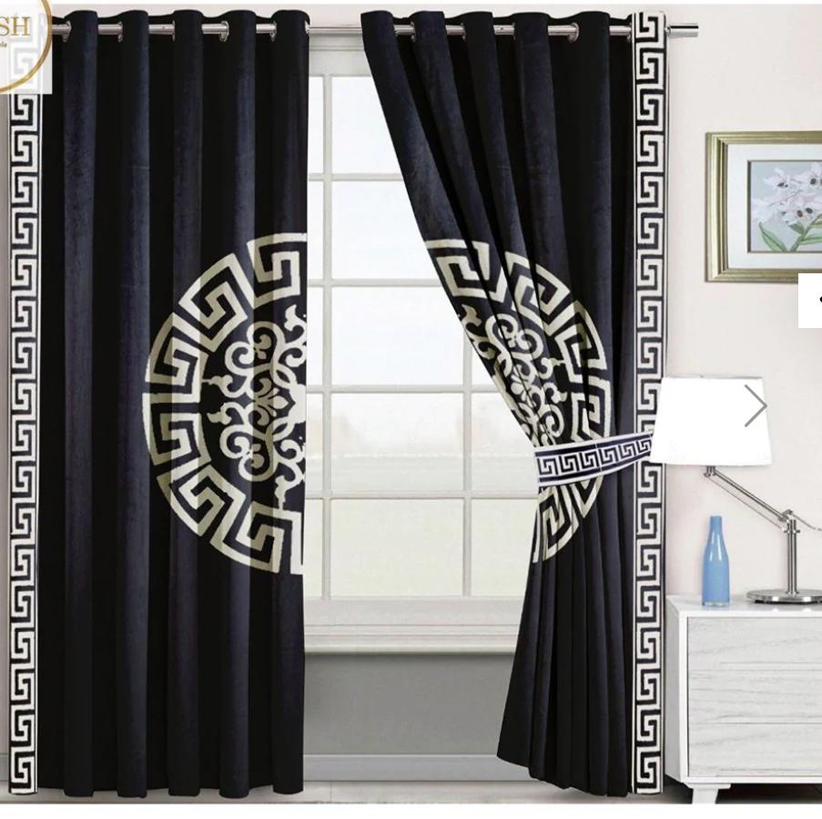 Black Velvet Eyelet Curtains with White Greek Key & Medallion Design