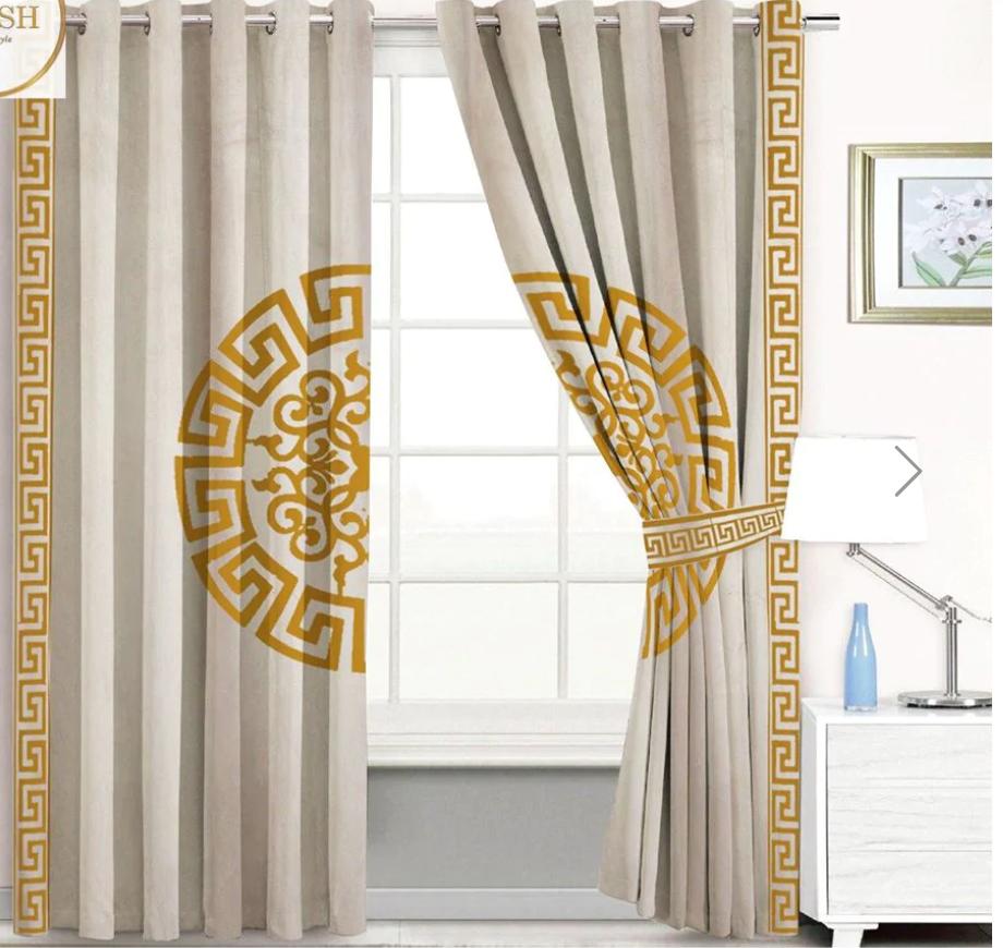 Beige Velvet Eyelet Curtains with Golden Greek Key & Medallion Design