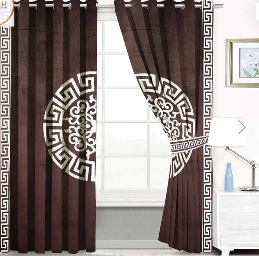 Brown Velvet Eyelet Curtains with White Greek Key & Medallion Design