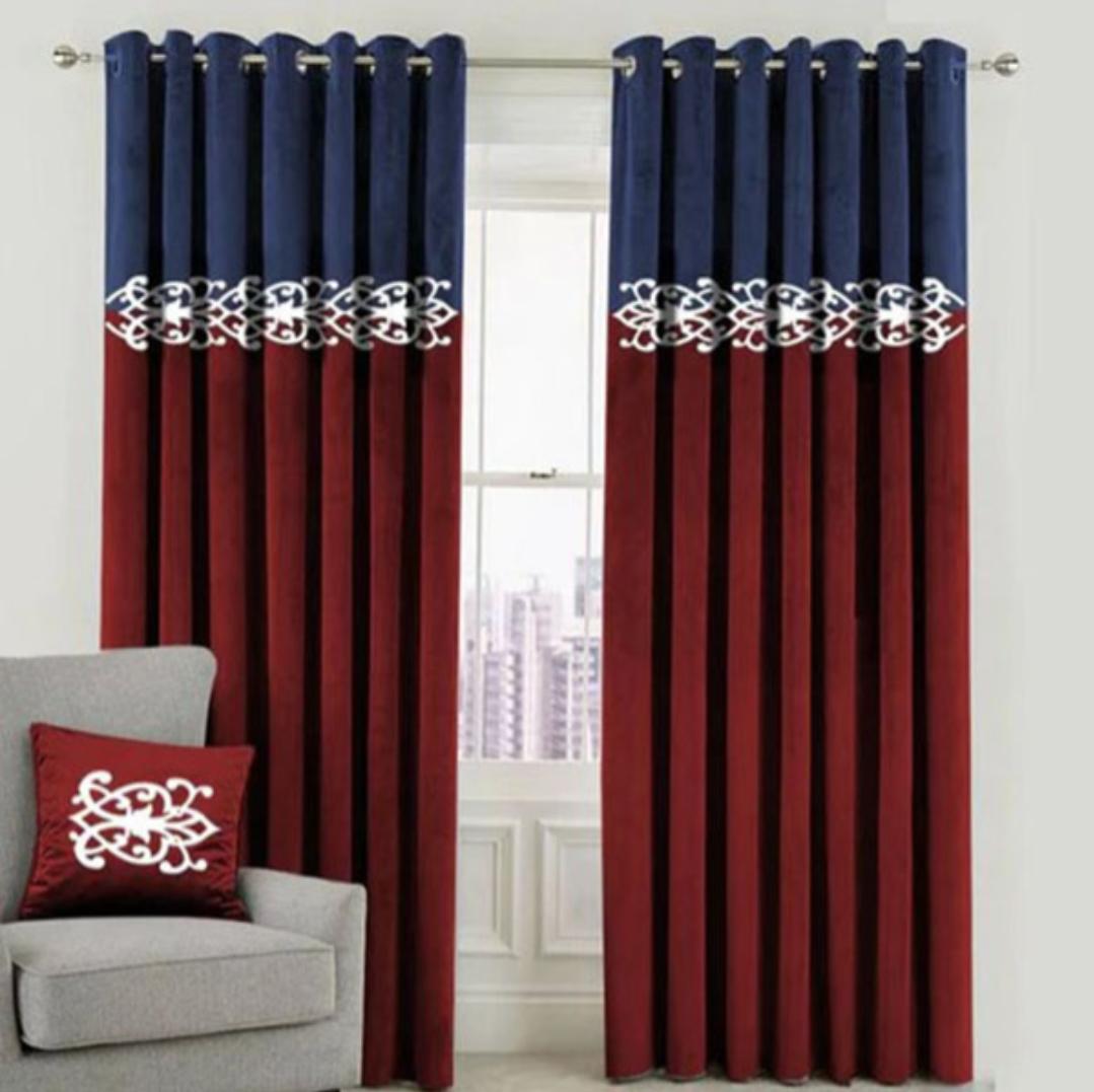 Regal Navy & Red Velvet Designed Curtain Pair