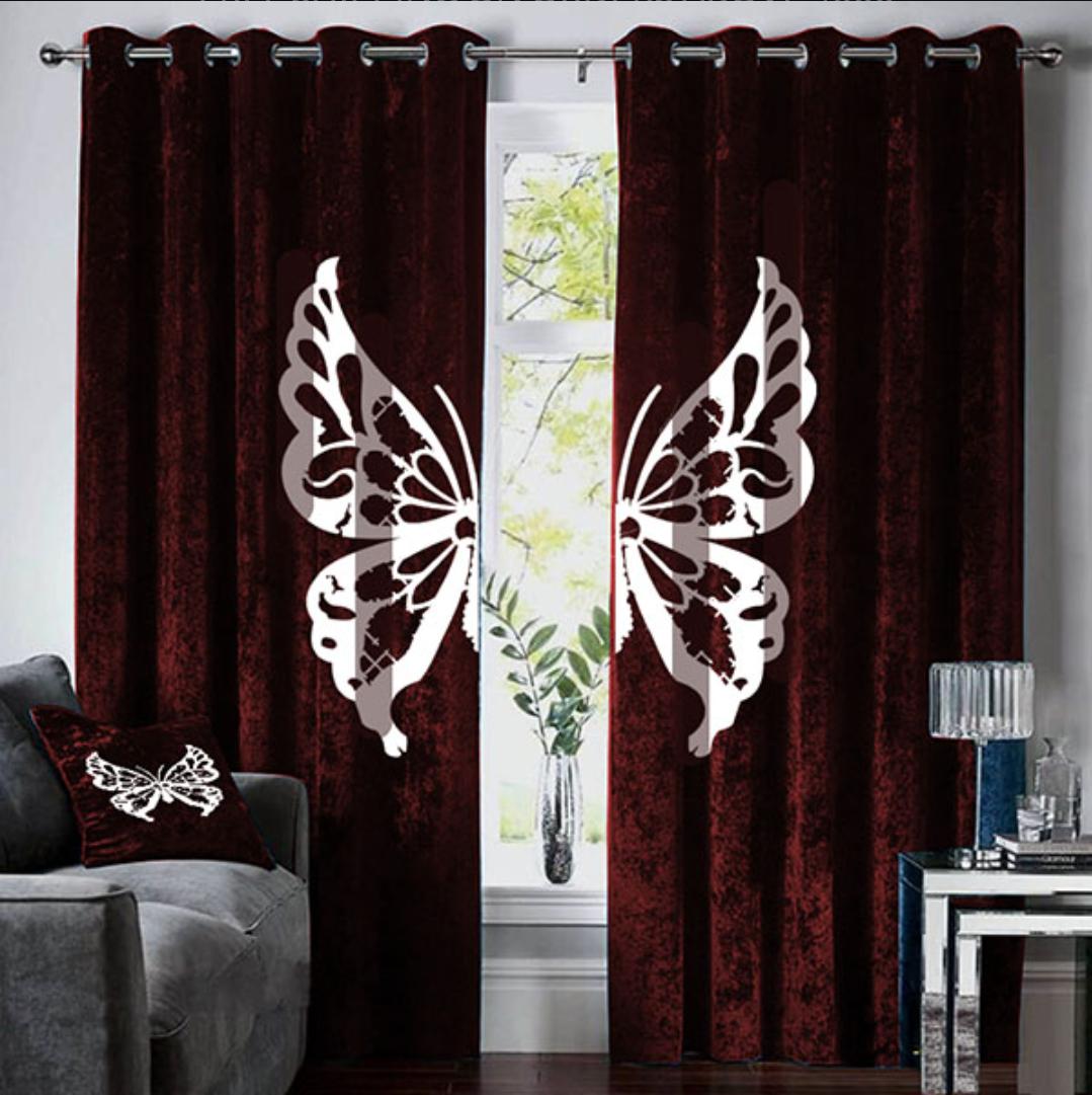 Elegant Burgundy Velvet Butterfly Design Curtain Pair – Velvet Butterfly Design Curtain Pair
