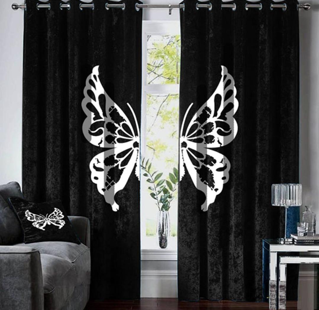 Classic Black Velvet Butterfly Design Curtain Pair – Velvet Butterfly Design Curtain Pair