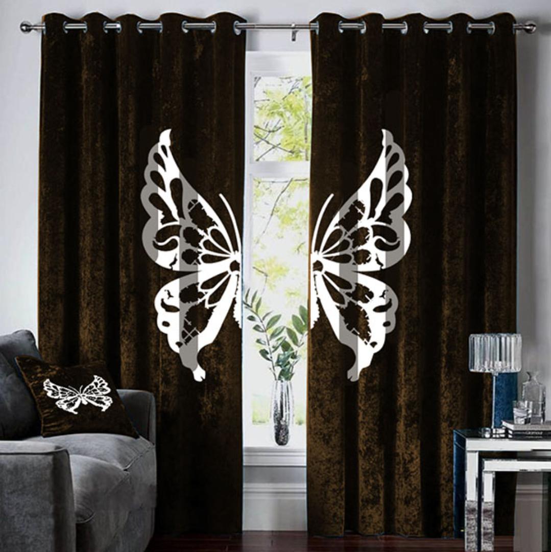 Rich Brown Velvet Butterfly Design Curtain Pair – Velvet Butterfly Design Curtain Pair