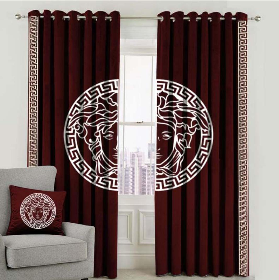 Maroon Velvet Eyelet Curtains | White Medusa-Inspired & Greek Key Design