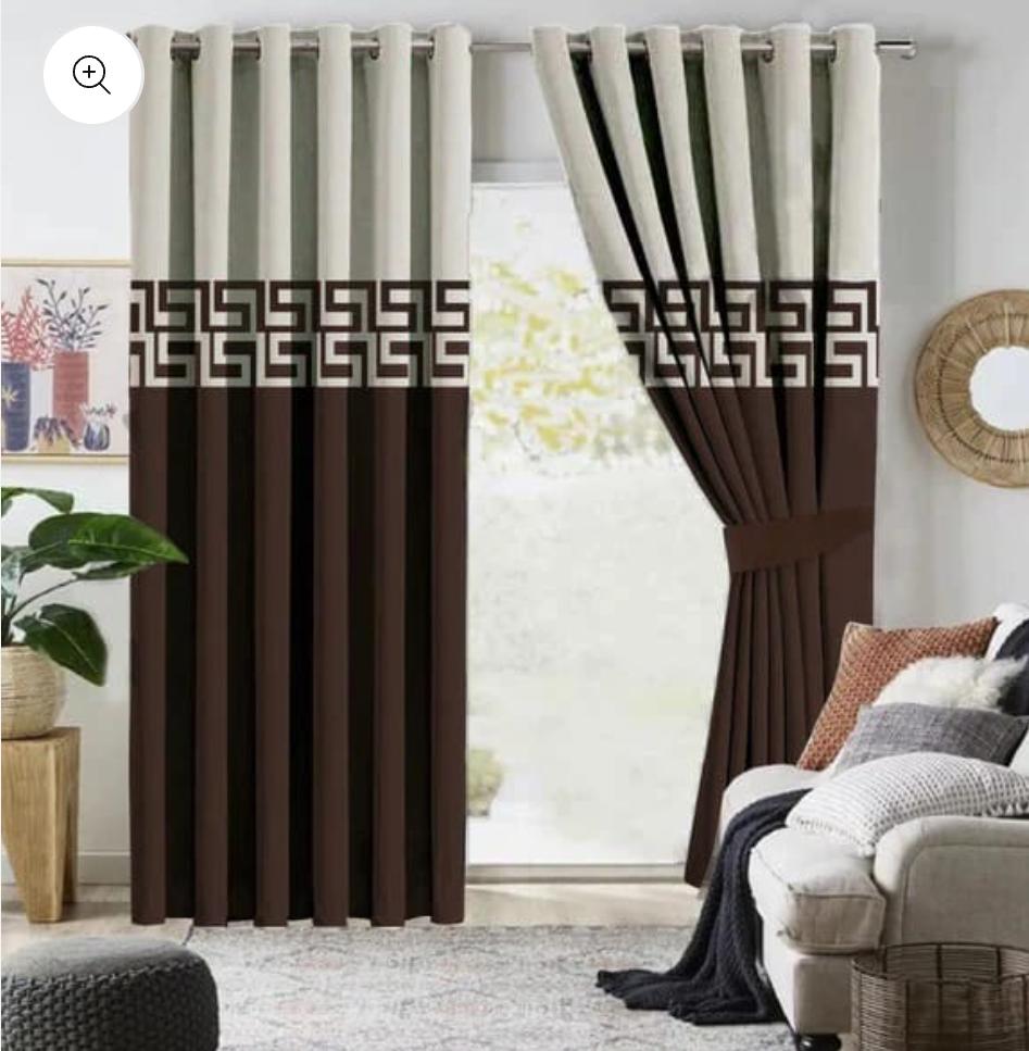 Geometric Coffee & Cream Velvet Designed Curtain Pair