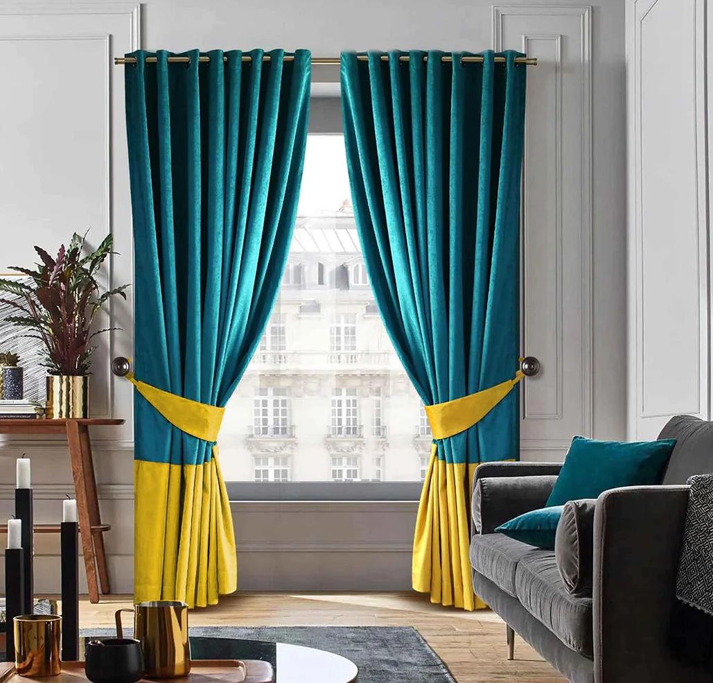 Vibrant Turquoise & Yellow Velvet Designed Curtain Pair