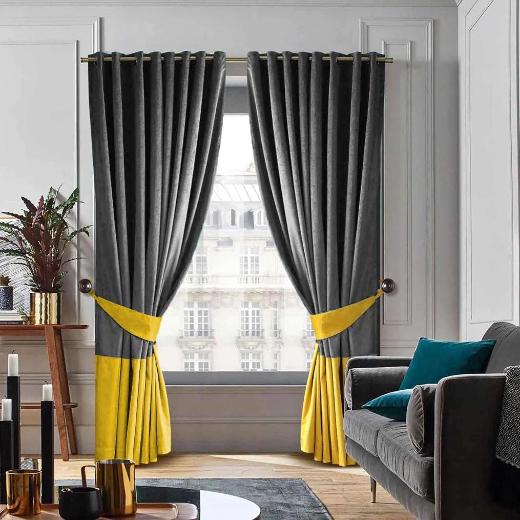 Modern Grey & Mustard Velvet Designed Curtain Pair