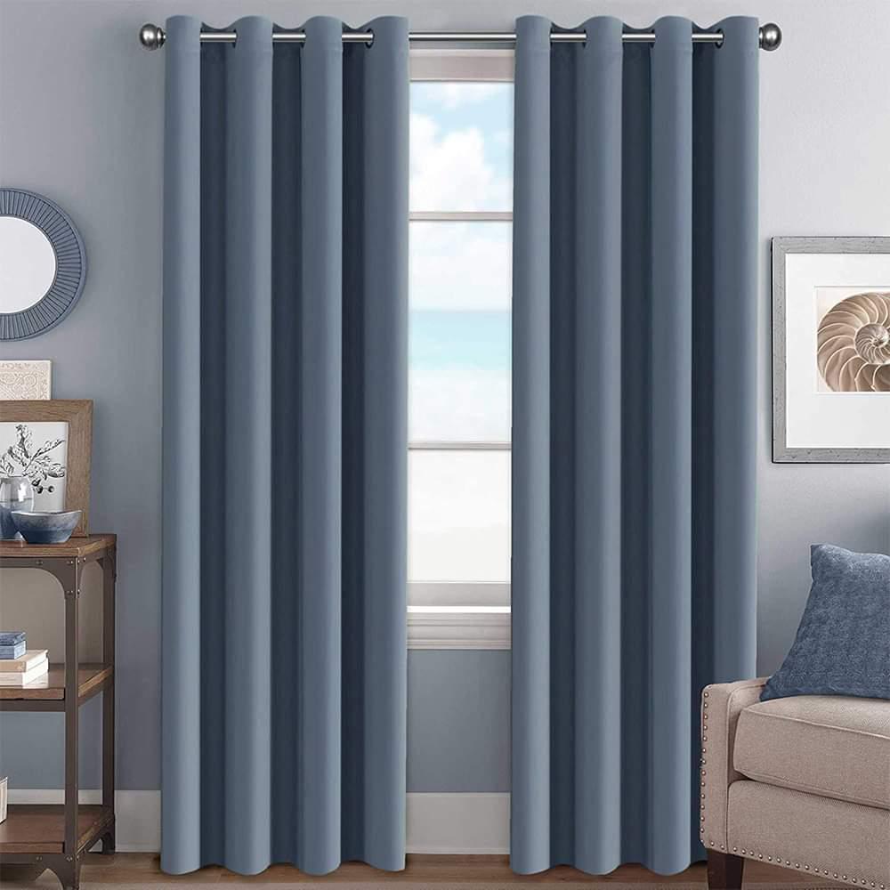 FH Home Store Stone Blue Room Darkening Plain Solid Color Curtain Pair