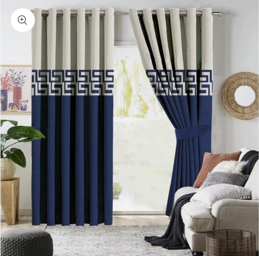 Velvet 2 Colors Designed Curtain Pair – Navy Blue & Ivory with Geometric Pattern