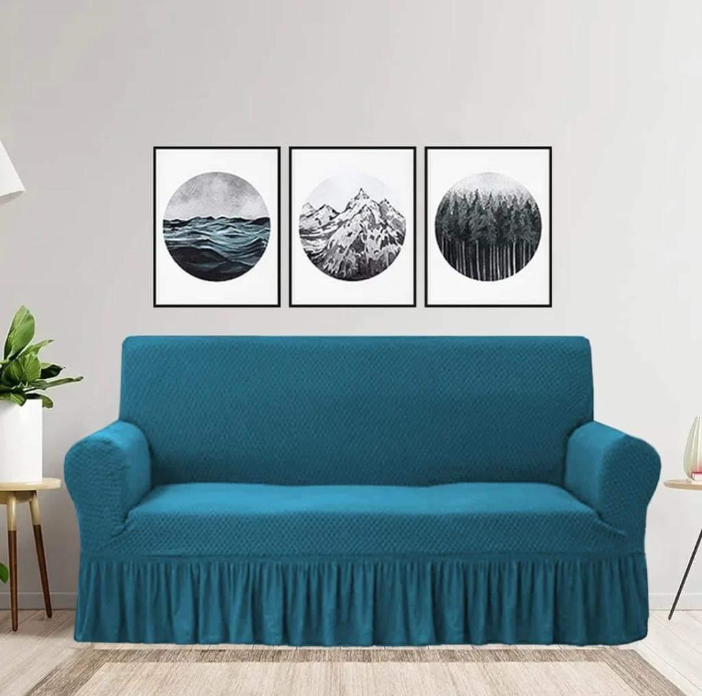 Soft Crystal Quilted Sofa Cover with Frill – Teal, Fits 5, 6 & 7 Seaters