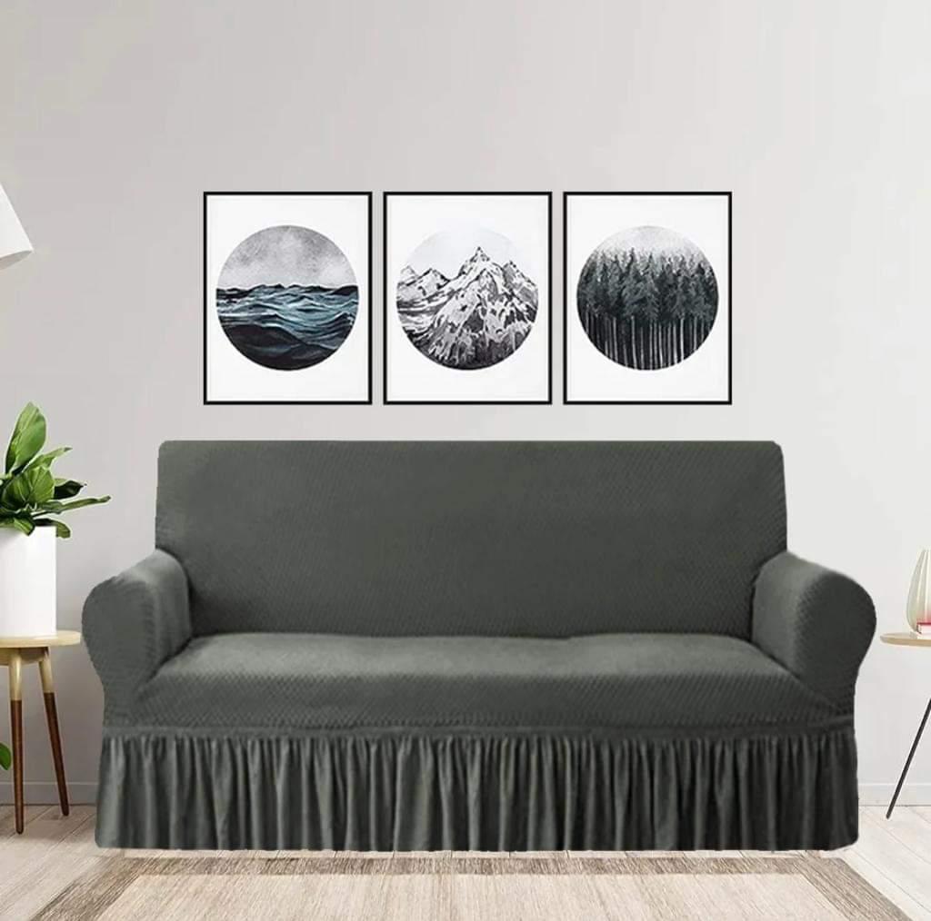 Soft Crystal Quilted Sofa Cover with Frill – Grey, Fits 5, 6 & 7 Seaters