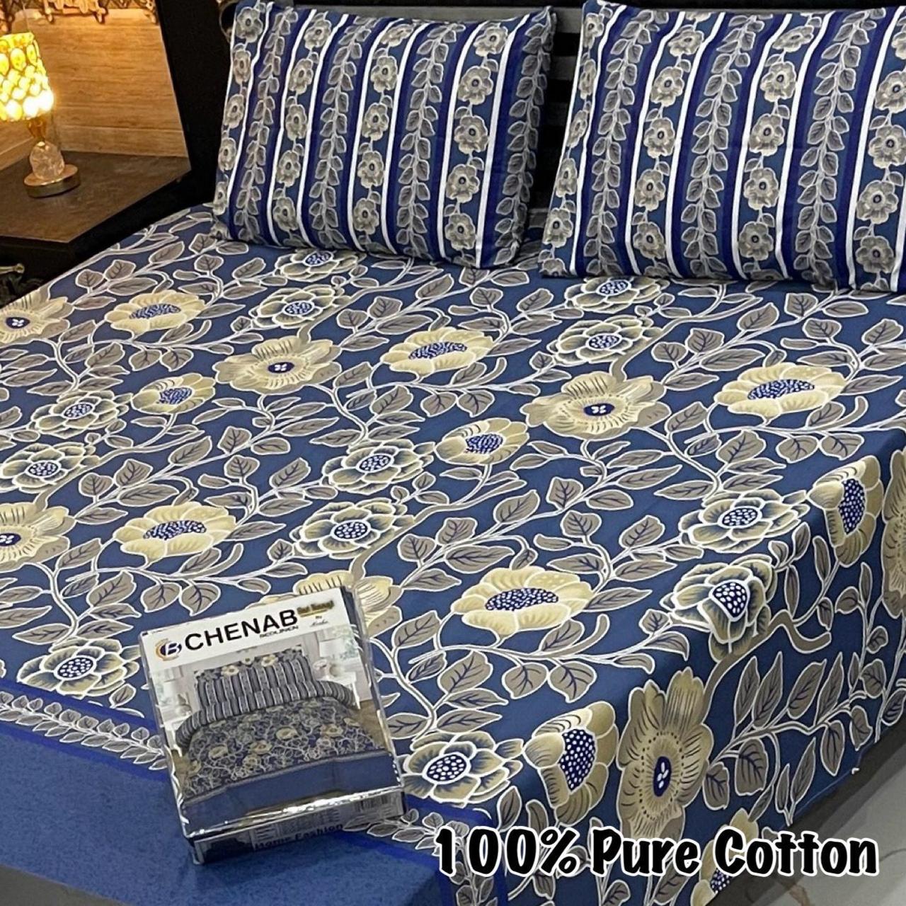 Navy Blue Floral Striped Premium Cotton Bed Sheet