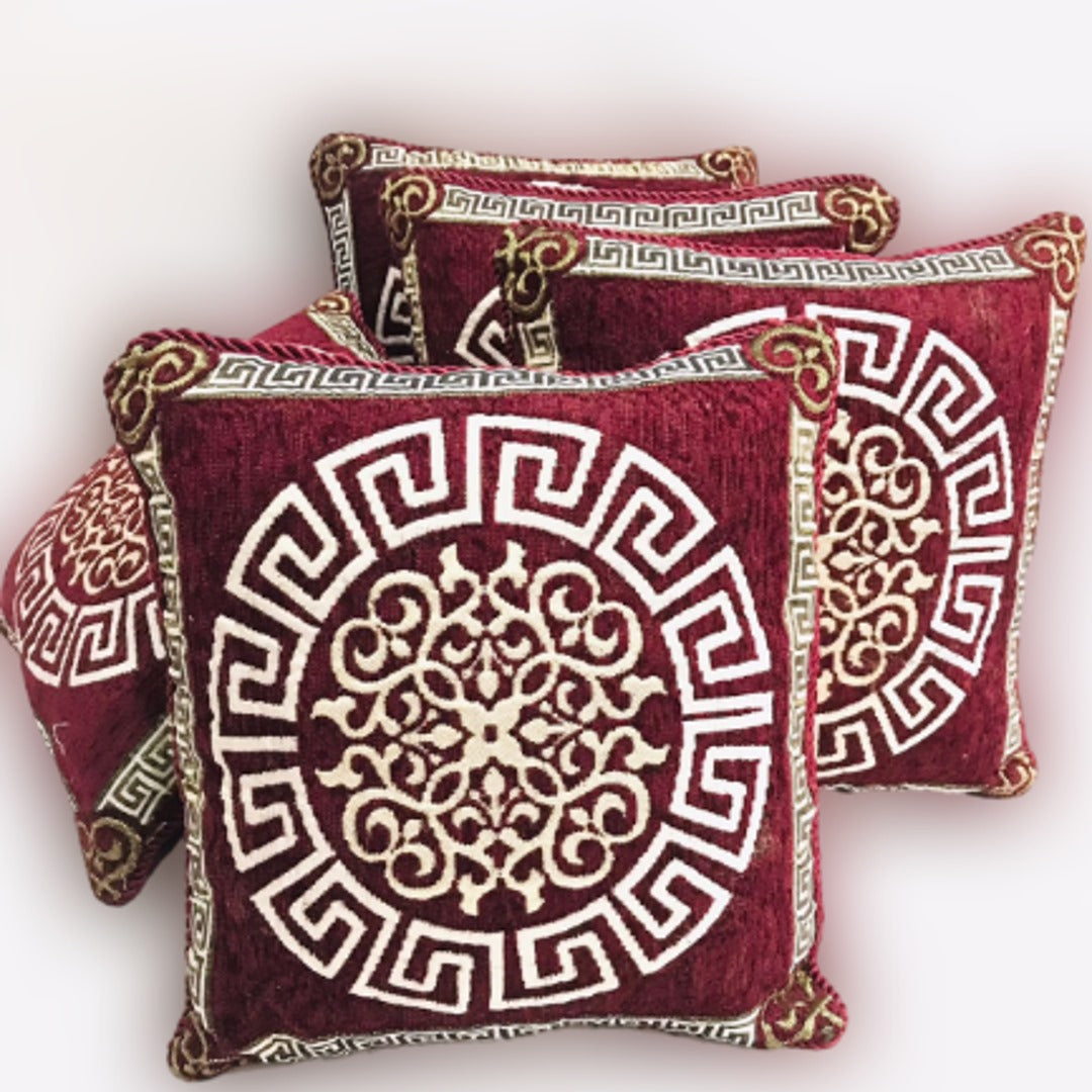 Royal Maroon & Gold Embroidered Velvet 5-Piece Cushion Cover Set