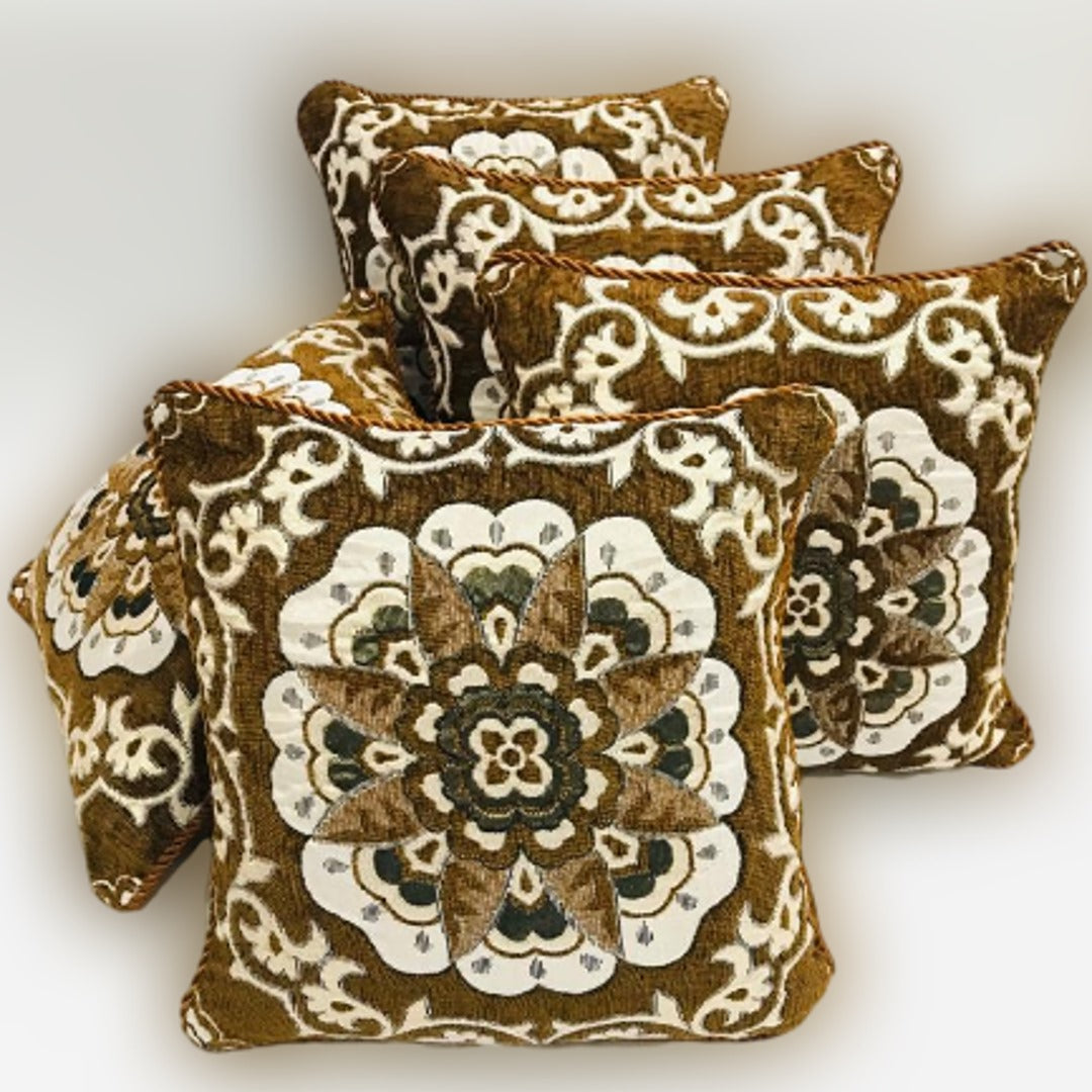 Earthy Brown & Cream Floral Jacquard 5-Piece Cushion Cover Set