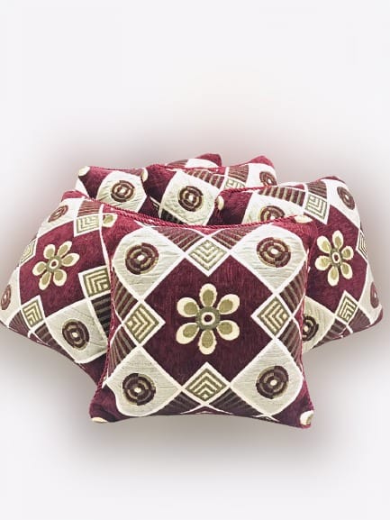 Maroon & Cream Geometric Floral Jacquard 5-Piece Cushion Cover Set