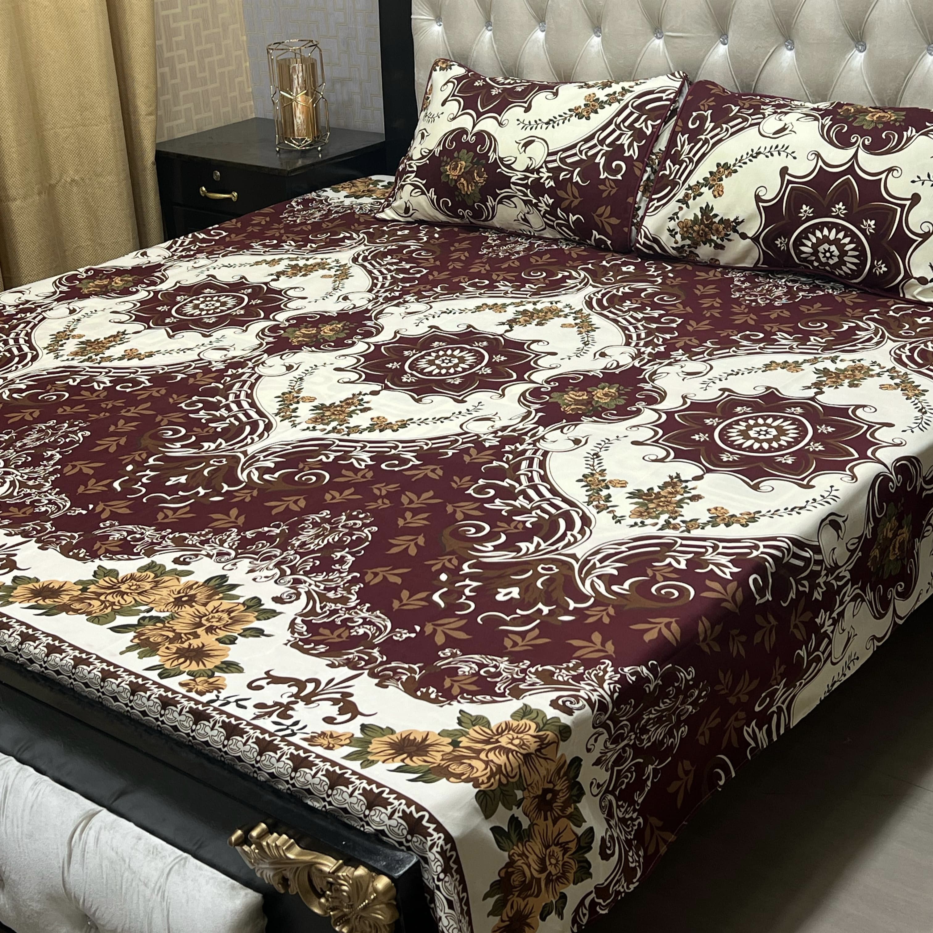 3D Crystal King Size Floral Cotton Bed Sheet Set – Vibrant Red & Blue Design