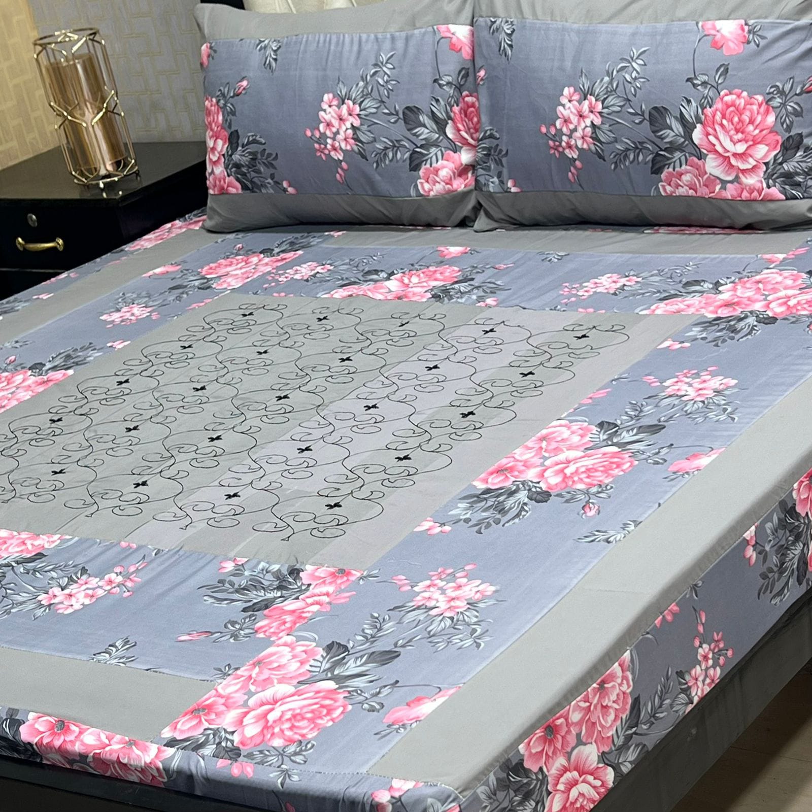Elegant Grey & Floral Embroidered Patchwork Bedsheet Set