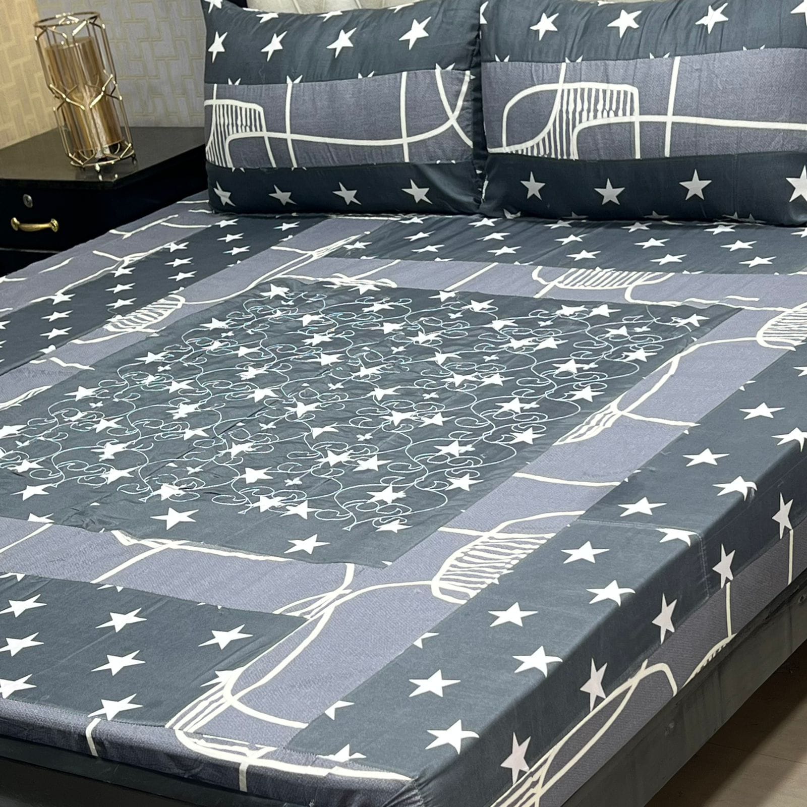 Black Embroidered Patchwork Bedsheet Set