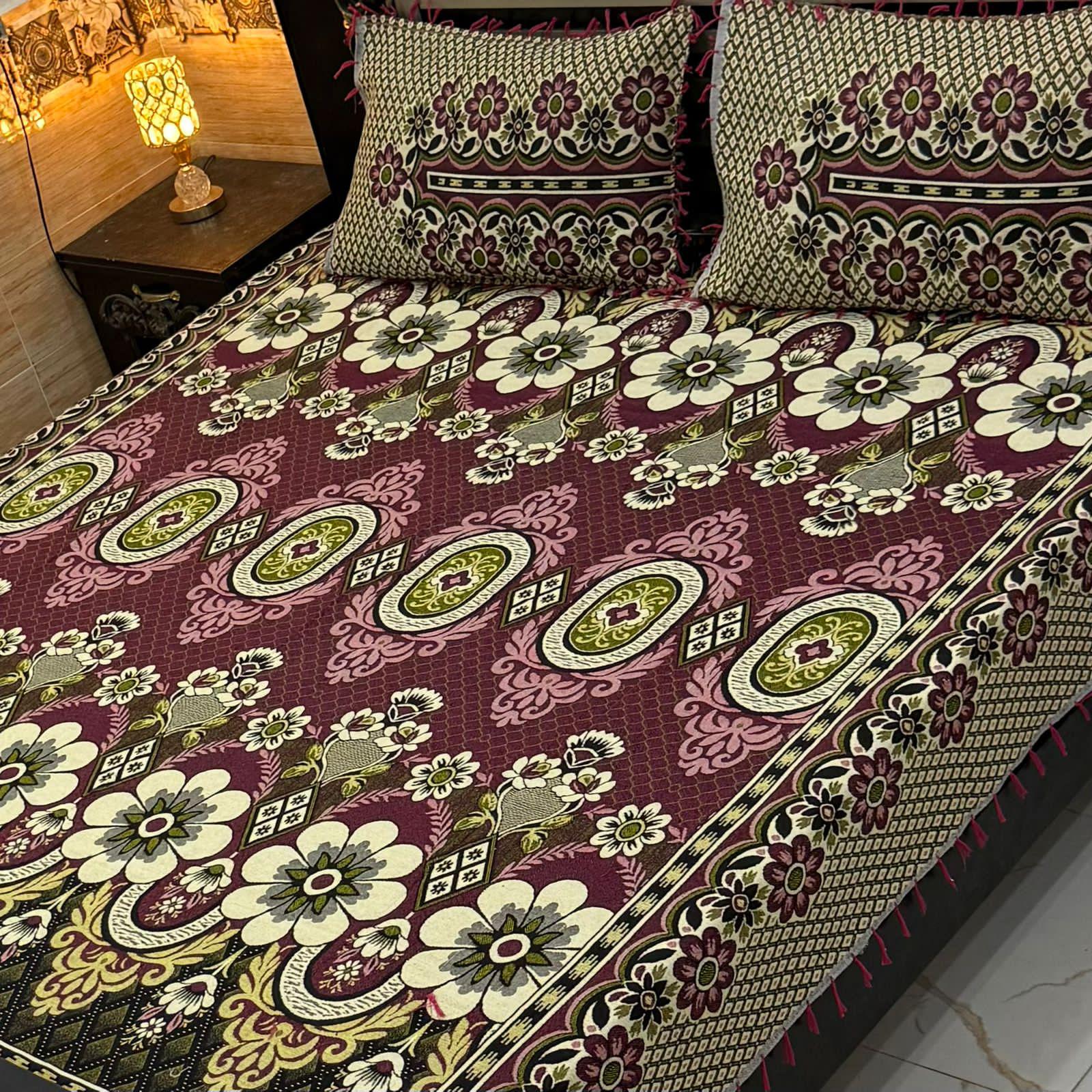 Royal Brown Multani Jacquard Bedsheet – Traditional Floral Elegance