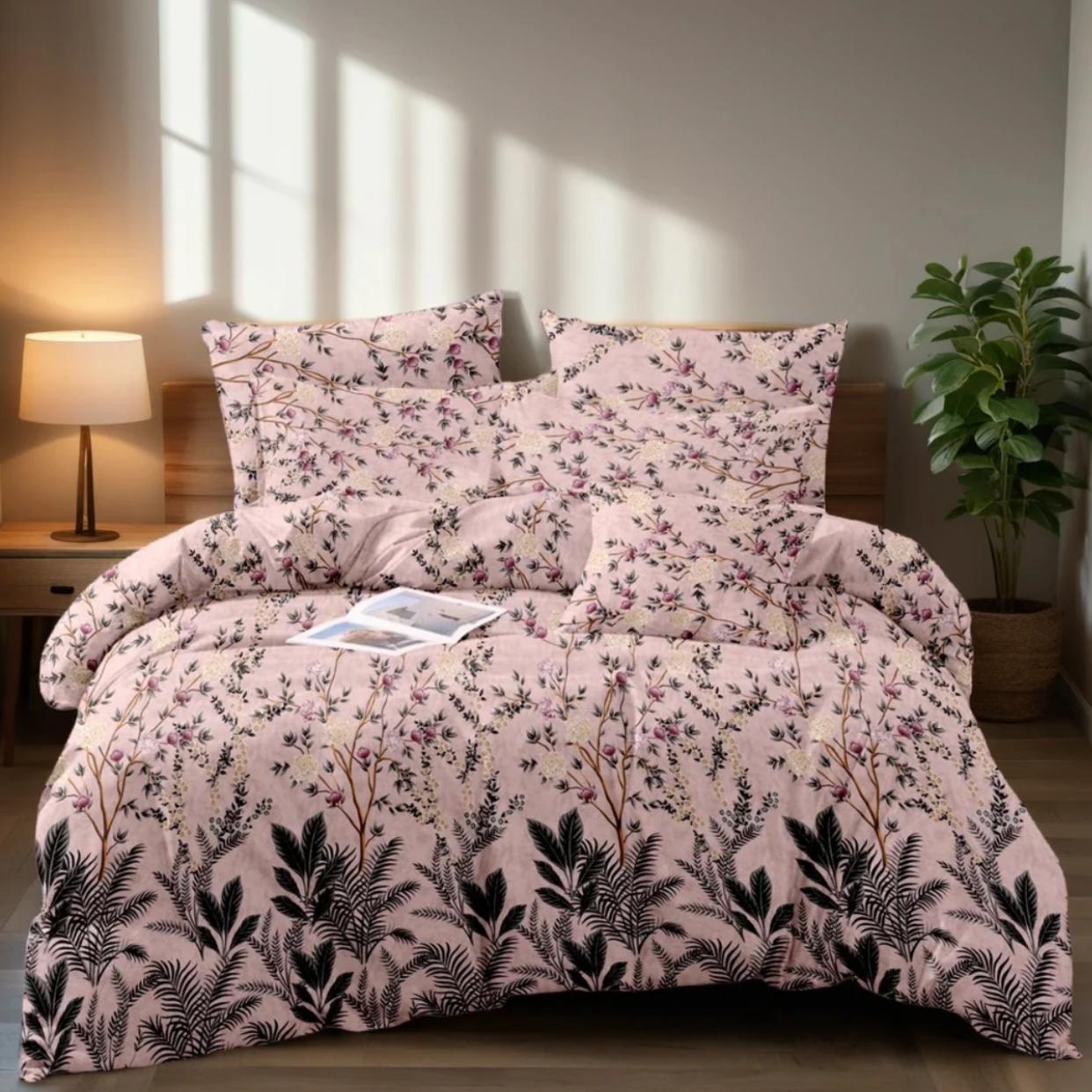Baroque black & Pink Floral Bedding – 7PC Summer Comforter Set