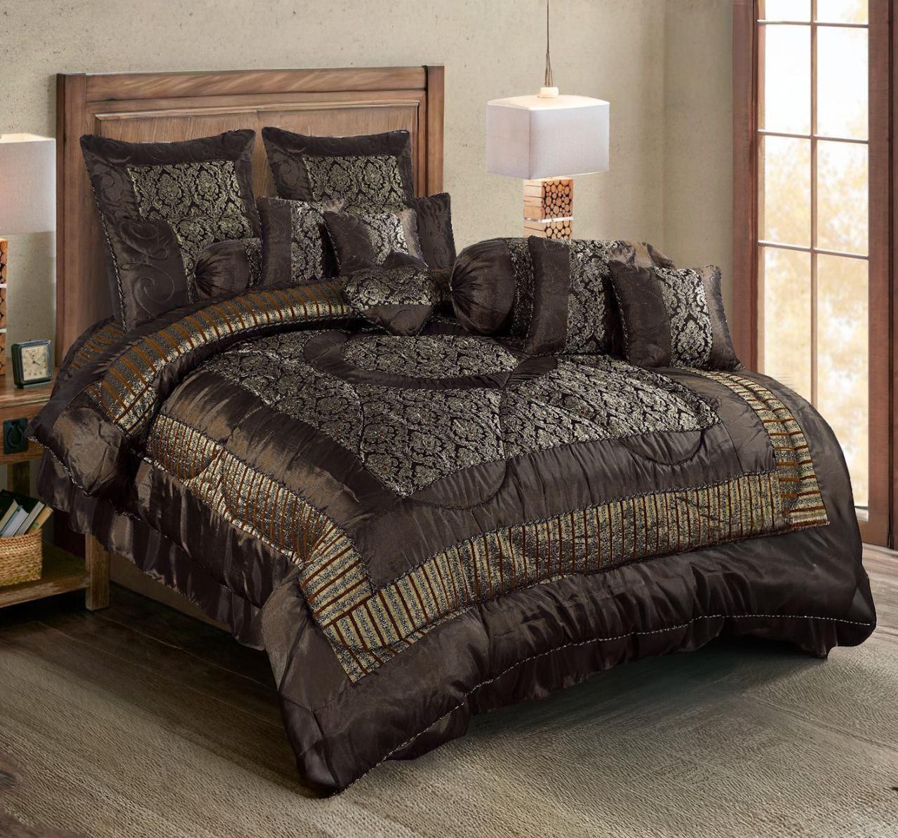 14PC Black & Silver Silk Jacquard Bridal Bedding Set