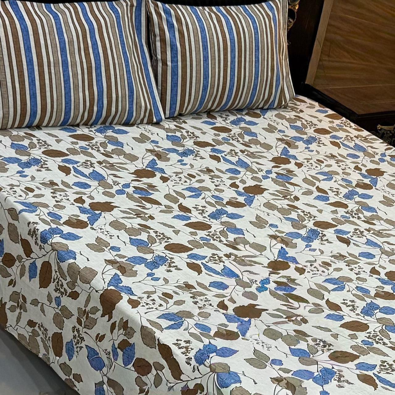 Beige Floral Print Premium Cotton Bed Sheet