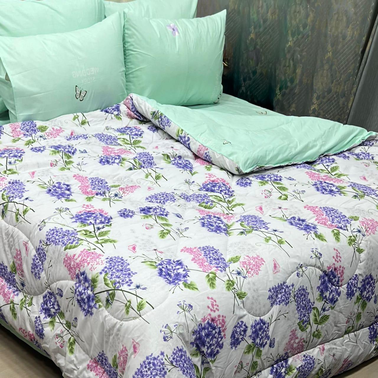 Aqua purple flowers 100% Pure Cotton 6PC Comforter Set (Vicky Razai Set) – King Size