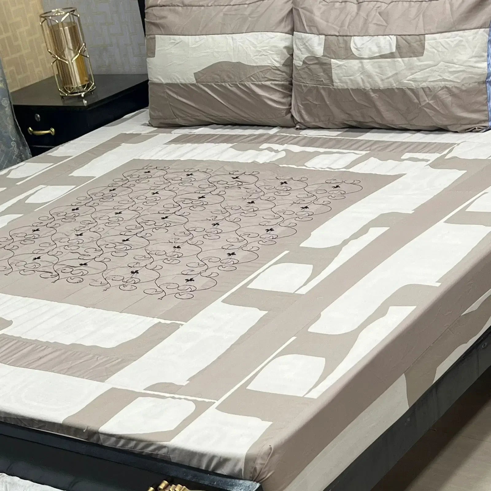 Ivory Geo Embroidered Patchwork Bedsheet Set