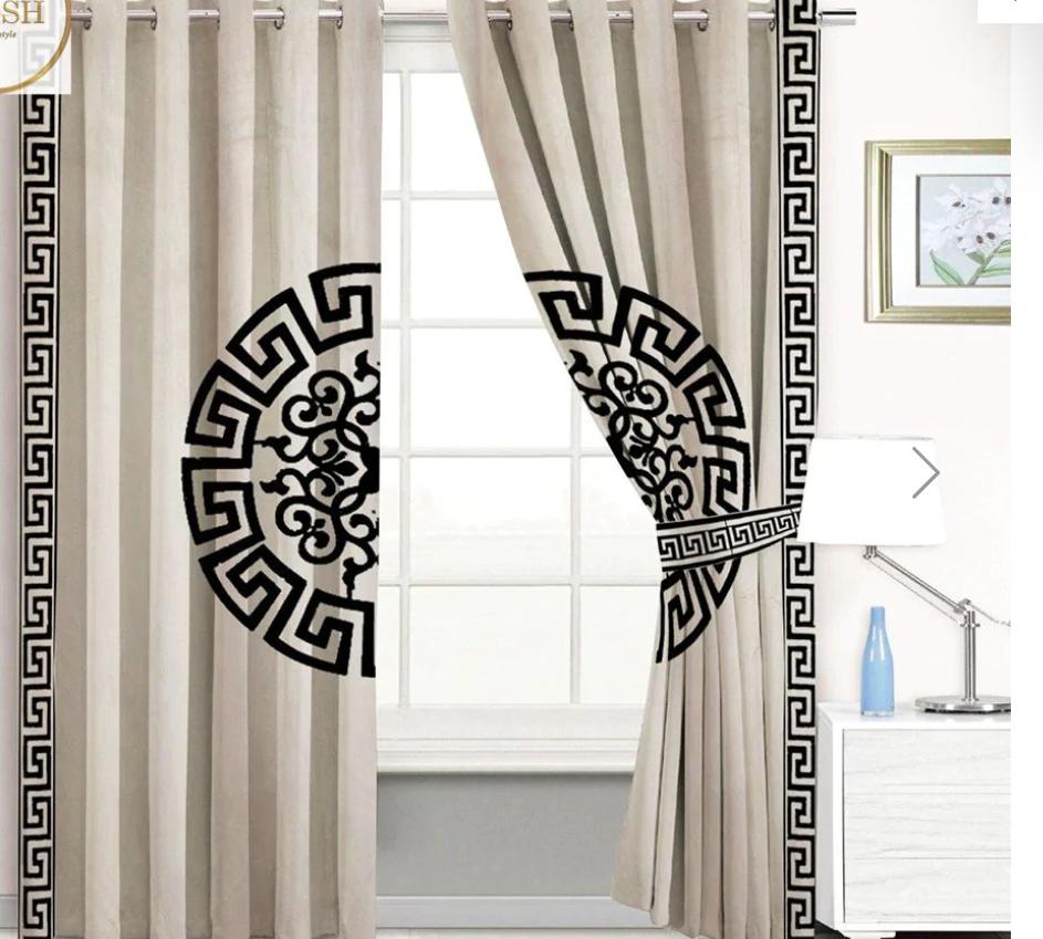 Beige Velvet Eyelet Curtains with Black Greek Key & Medallion Design - Fashion Home Store