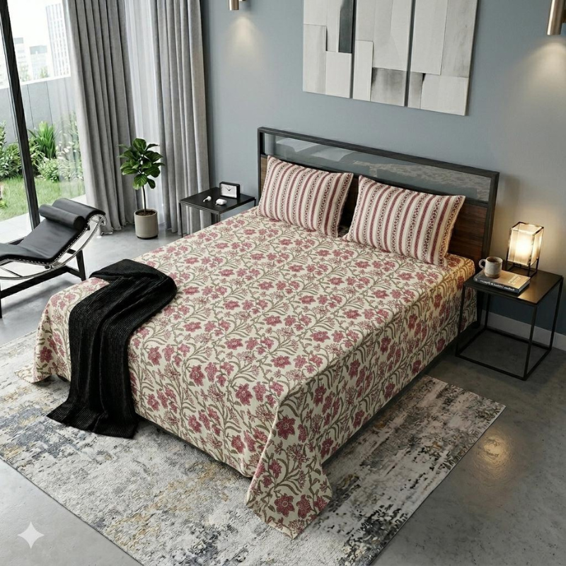 Rust Floral Premium Cotton Bed Sheet
