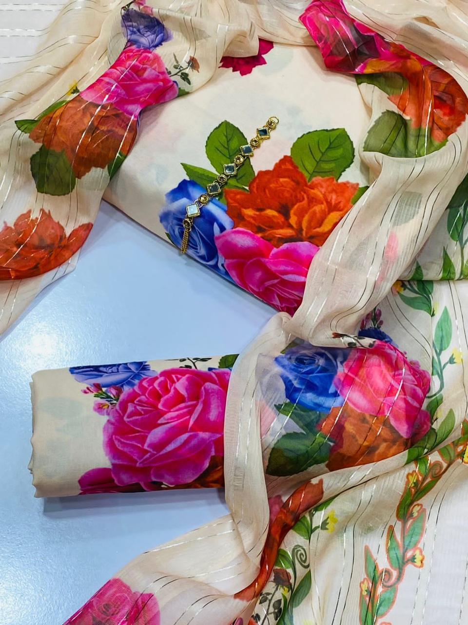 Elegant Floral Print Unstitched Suit Set – Soft Cream Base with Multicolor Roses &amp; Chiffon Dupatta