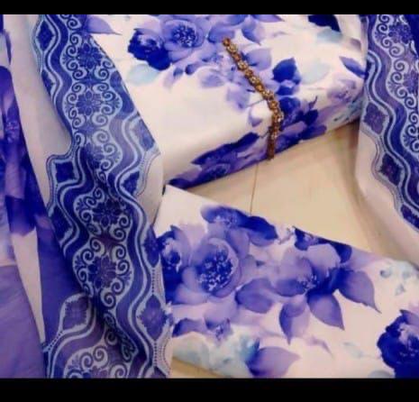 Royal Blue Floral Unstitched Suit Set – White Base with Designer Dupatta