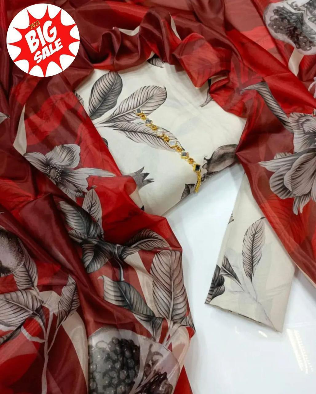 Elegant Floral Printed Unstitched Lawn Suit with Red Organza Dupatta