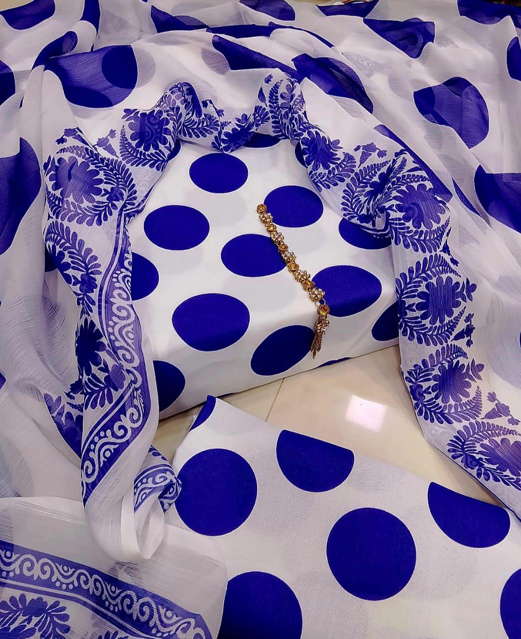 Royal Blue Polka Dot Unstitched Lawn Suit with Embroidered Dupatta