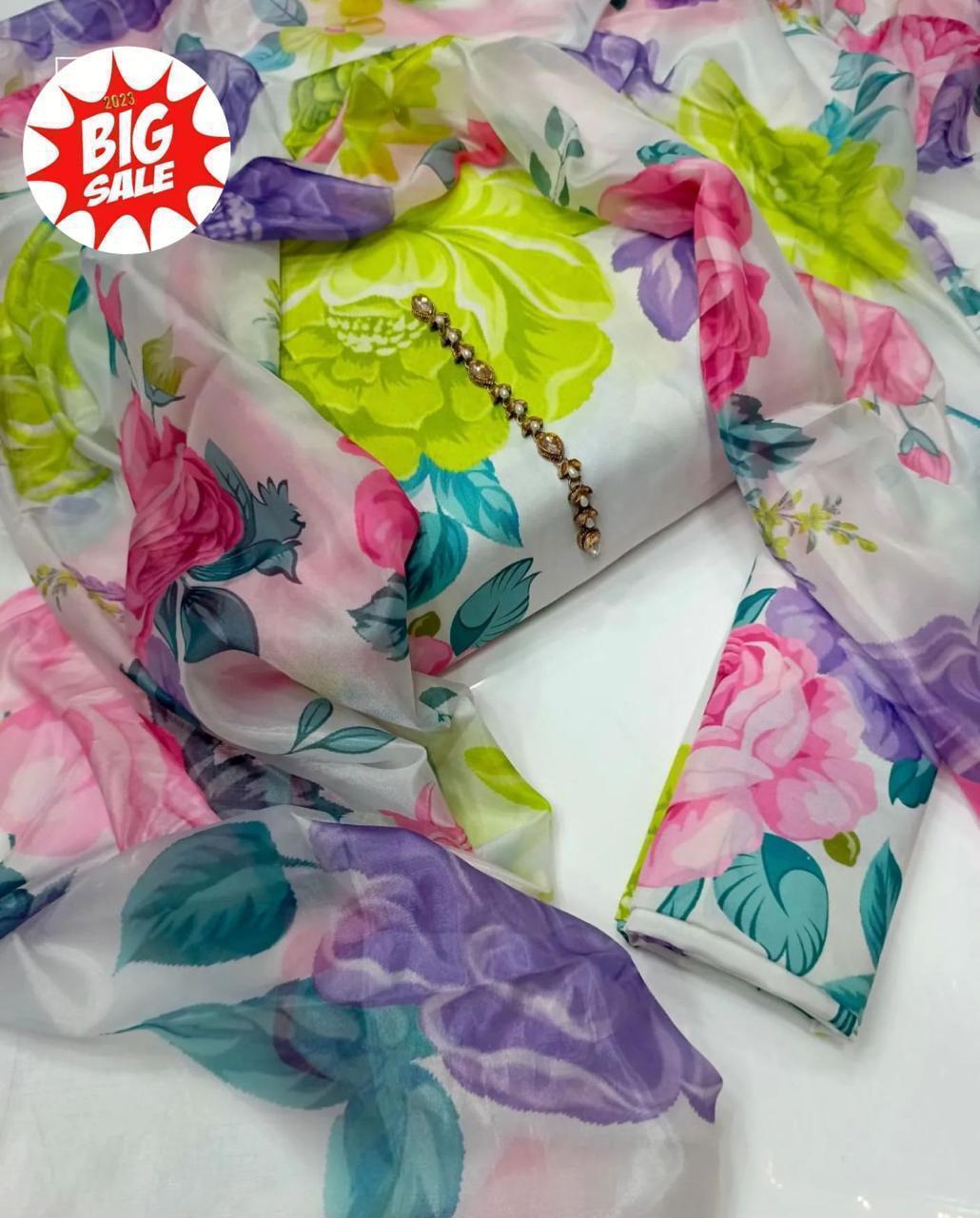 Chic Multicolor Floral Organza Suit Set with Elegant White Base &amp; Embellished Neckline