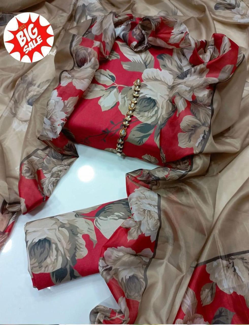 Elegant Floral Red &amp; Beige Organza Suit Set with Embellished Neckline