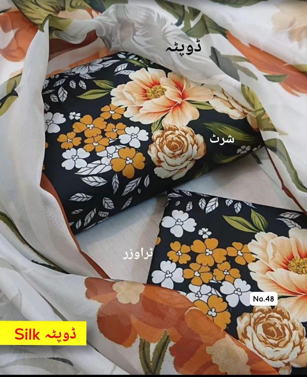 Black Floral Silk Suit with Orange and White Patterned Dupatta - Premium Women&